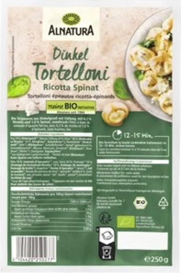 Alnatura Tortelloni à l&rsquo;Épeautre Bio – Ricotta & Épinards, 250 g