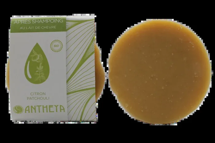 Antheya — Après-shampoing solide lait de chèvre/citron/patchouli – brillance (bande papier) – 90 g