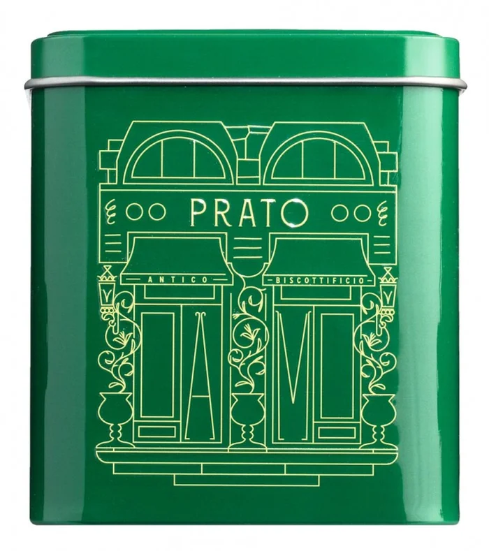 Biscotti di Prato alle mandorle, verde, biscuits toscans aux amandes, dans une boite de conserve verte, Mattei, 200g, peut