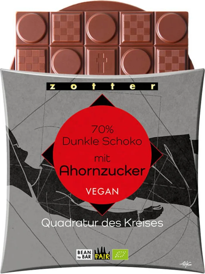 Zotter Schokoladen Quadrature du Cercle Bio – Chocolat Noir 70% au Sucre d&rsquo;Érable, 70 g